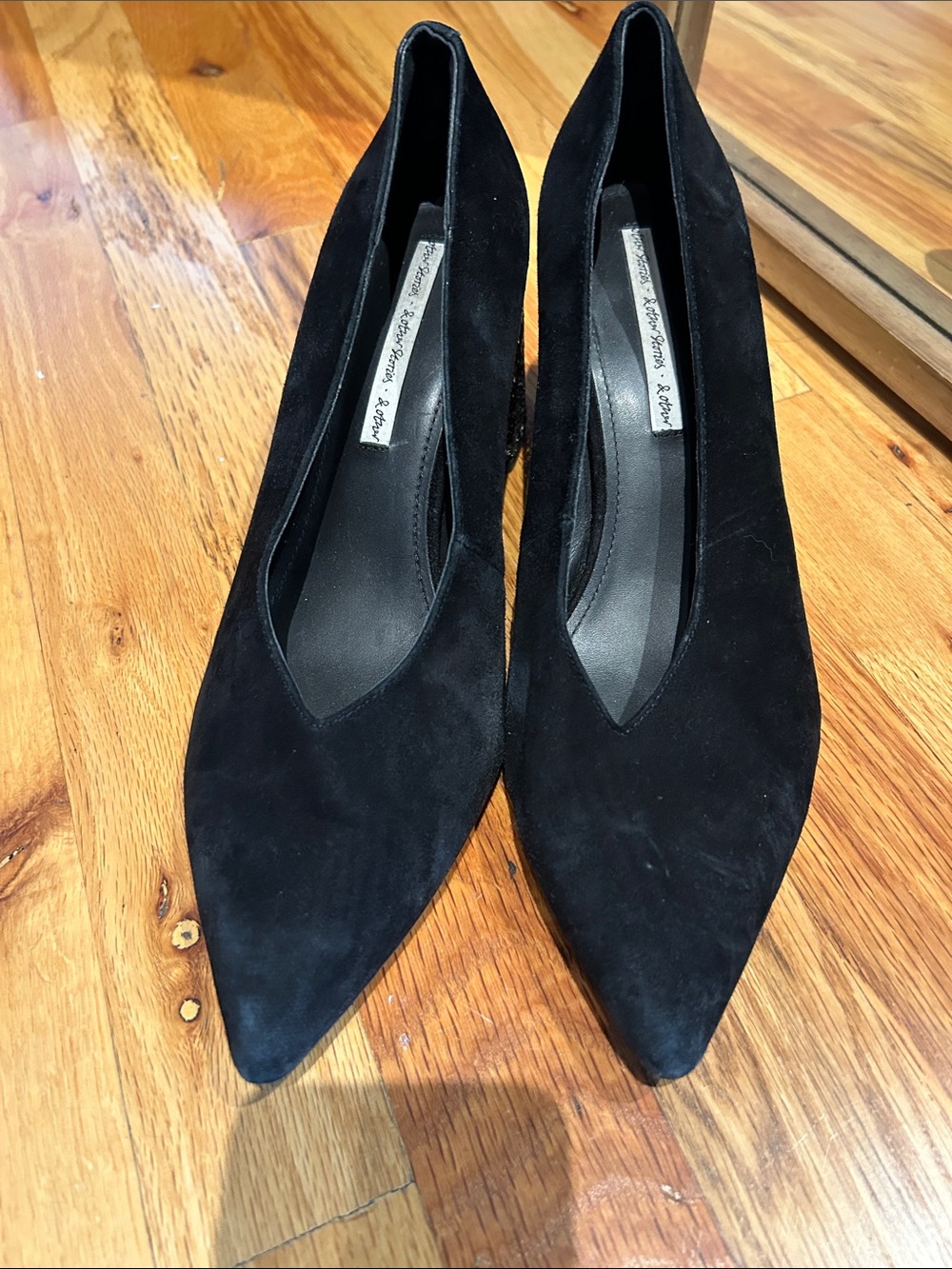 Pointed black suede rhinestone block heel